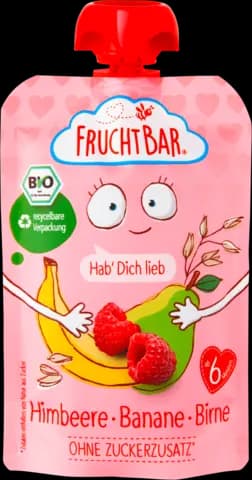 Bio Quetschie Hab Dich lieb mit Himbeere, Banane, Birne ab 6 Monaten von FRUCHTBAR