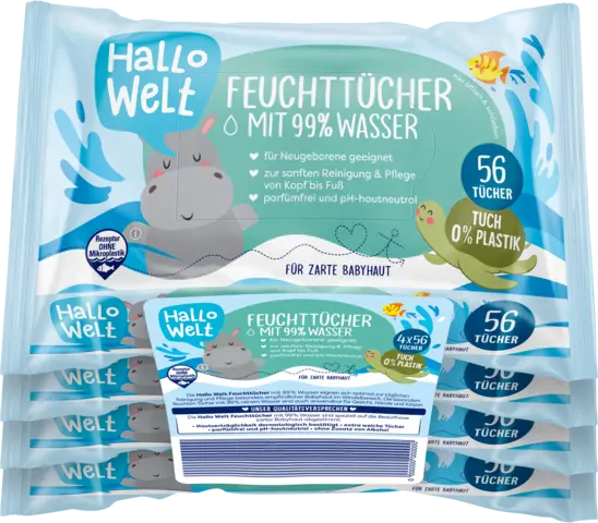 Feuchttücher mit Wasser 4x56 von HALLO WELT