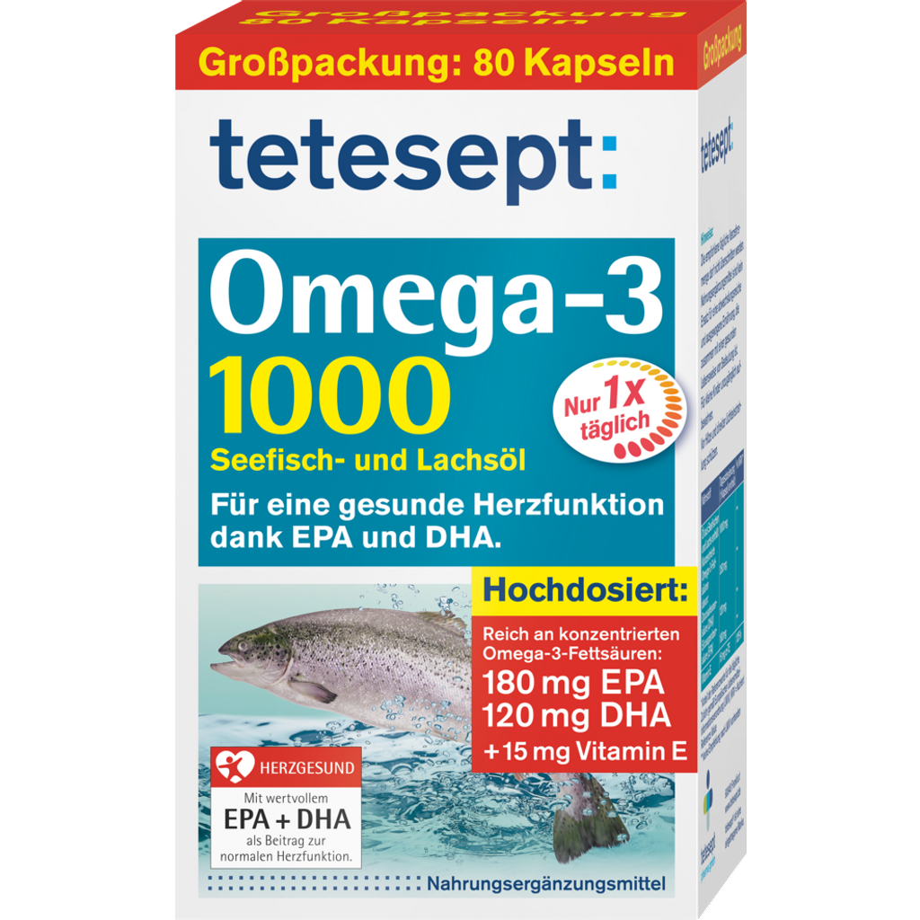 Omega-3 1000, Lachs- und Hochseefischöl für eine gesunde Herzfunktion,  80 Stück