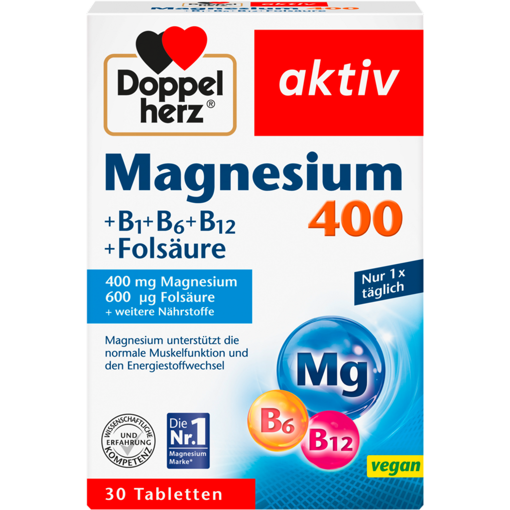 Magnesium 400, B1 + B6 + B12 + Folsäure, 30 Stück